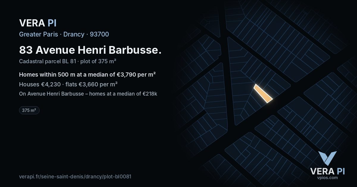 83 Avenue Henri Barbusse, Drancy at night – the plot lit, the parcels around coloured by the prices near them