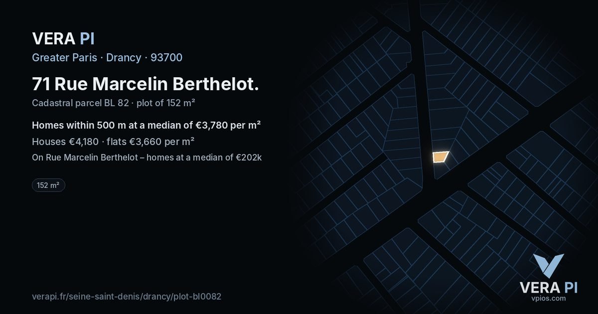 71 Rue Marcelin Berthelot, Drancy at night – the plot lit, the parcels around coloured by the prices near them