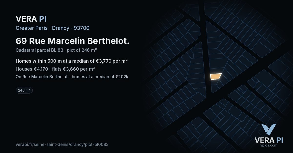 69 Rue Marcelin Berthelot, Drancy at night – the plot lit, the parcels around coloured by the prices near them