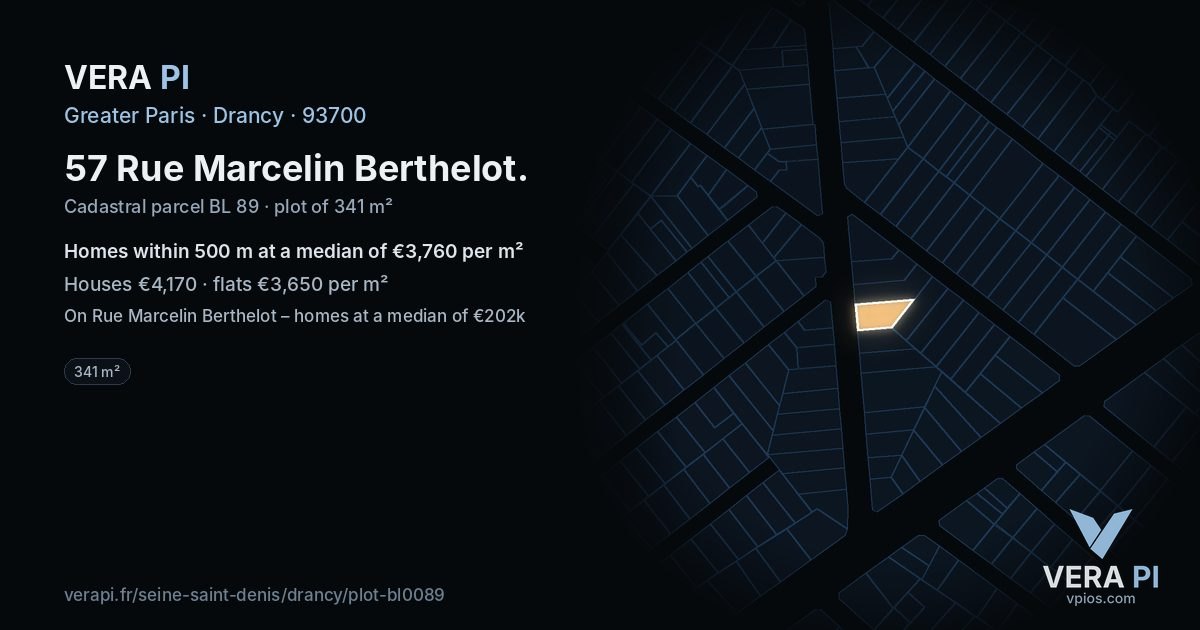 57 Rue Marcelin Berthelot, Drancy at night – the plot lit, the parcels around coloured by the prices near them