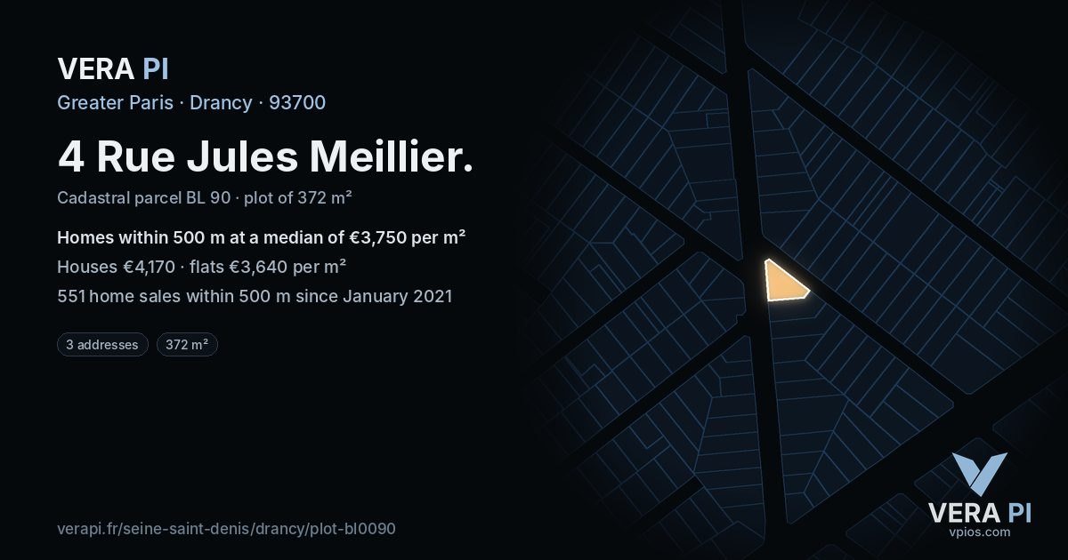 4 Rue Jules Meillier, Drancy at night – the plot lit, the parcels around coloured by the prices near them