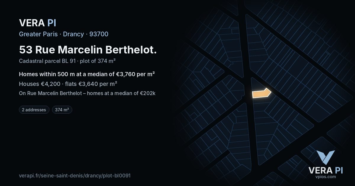 53 Rue Marcelin Berthelot, Drancy at night – the plot lit, the parcels around coloured by the prices near them