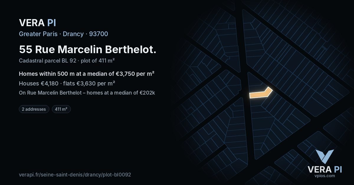 55 Rue Marcelin Berthelot, Drancy at night – the plot lit, the parcels around coloured by the prices near them