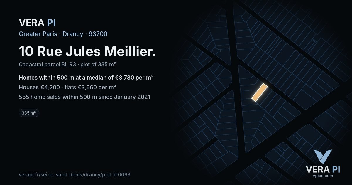 10 Rue Jules Meillier, Drancy at night – the plot lit, the parcels around coloured by the prices near them