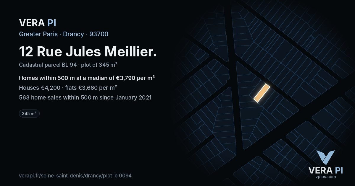 12 Rue Jules Meillier, Drancy at night – the plot lit, the parcels around coloured by the prices near them