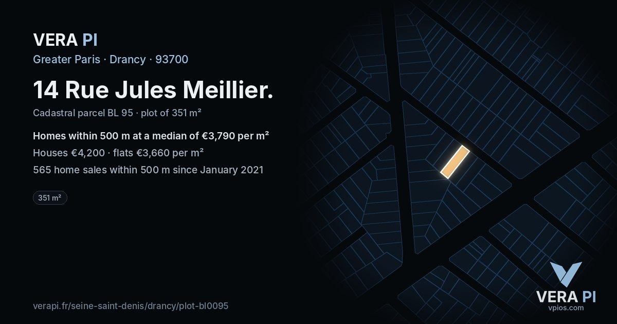 14 Rue Jules Meillier, Drancy at night – the plot lit, the parcels around coloured by the prices near them