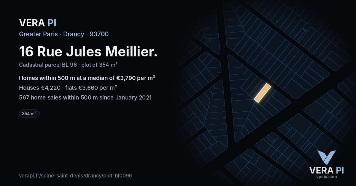 16 Rue Jules Meillier, Drancy at night – the plot lit, the parcels around coloured by the prices near them