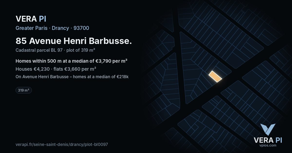 85 Avenue Henri Barbusse, Drancy at night – the plot lit, the parcels around coloured by the prices near them