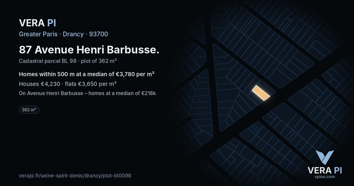 87 Avenue Henri Barbusse, Drancy at night – the plot lit, the parcels around coloured by the prices near them