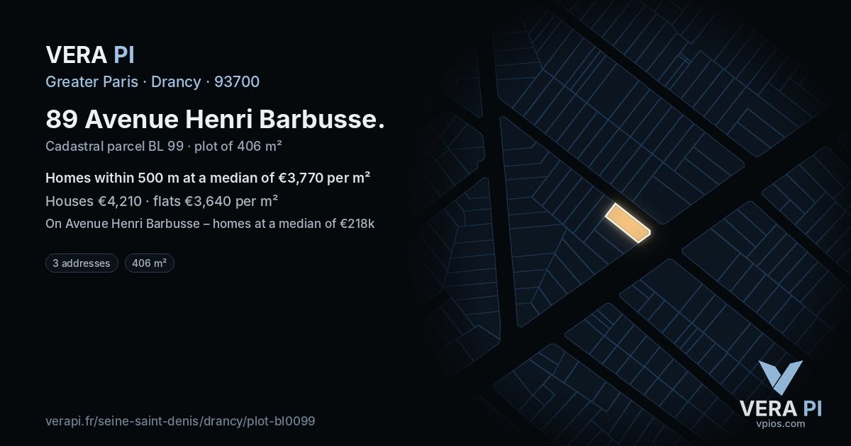 89 Avenue Henri Barbusse, Drancy at night – the plot lit, the parcels around coloured by the prices near them