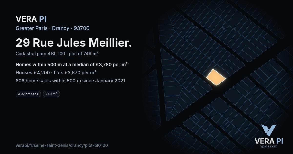 29 Rue Jules Meillier, Drancy at night – the plot lit, the parcels around coloured by the prices near them