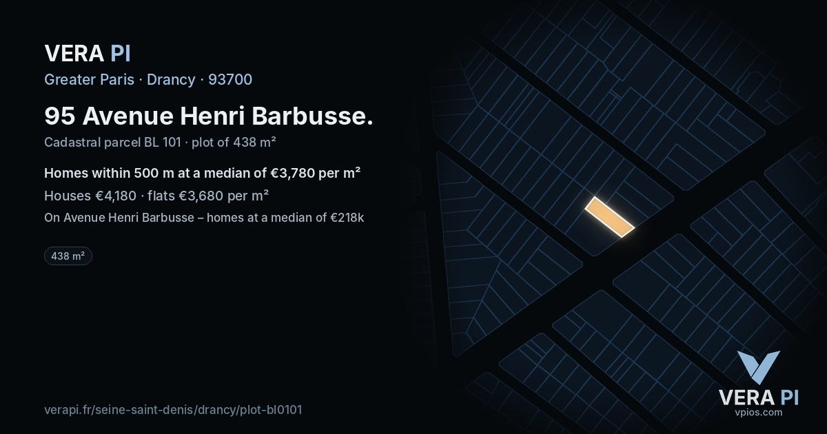 95 Avenue Henri Barbusse, Drancy at night – the plot lit, the parcels around coloured by the prices near them