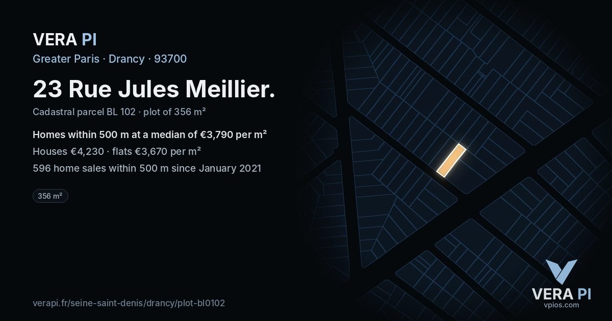 23 Rue Jules Meillier, Drancy at night – the plot lit, the parcels around coloured by the prices near them