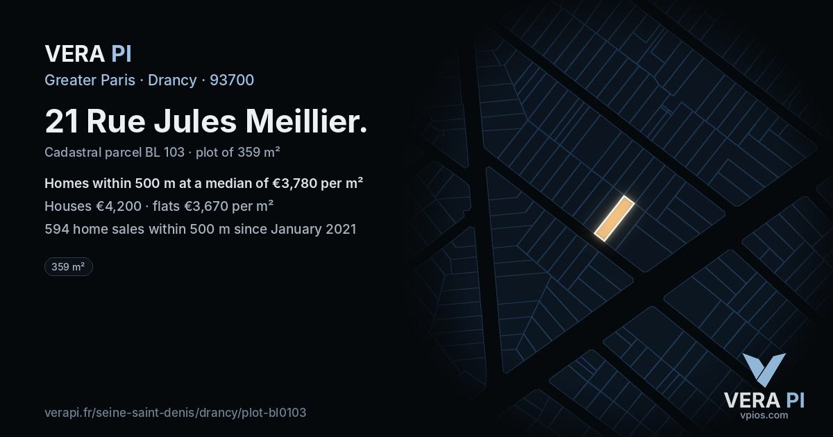 21 Rue Jules Meillier, Drancy at night – the plot lit, the parcels around coloured by the prices near them