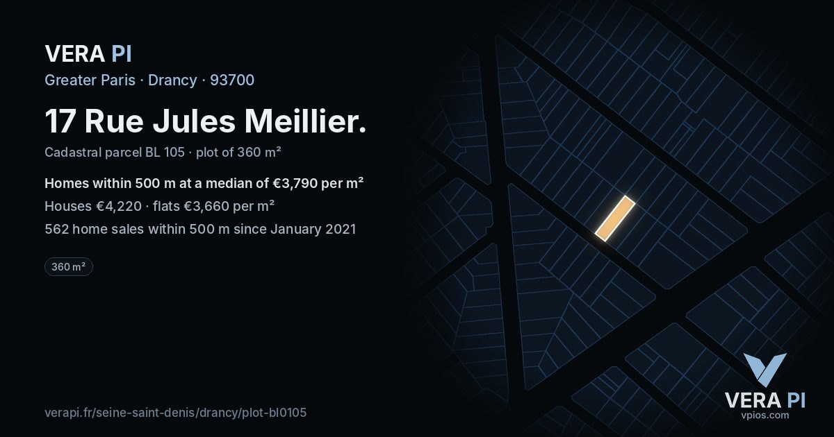 17 Rue Jules Meillier, Drancy at night – the plot lit, the parcels around coloured by the prices near them