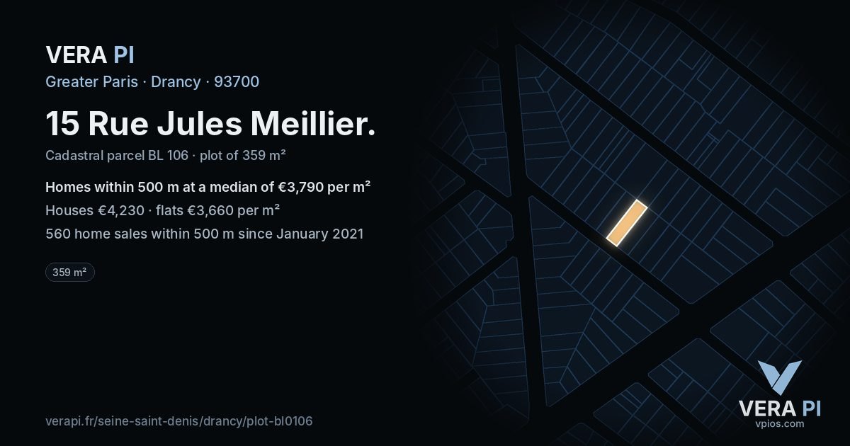 15 Rue Jules Meillier, Drancy at night – the plot lit, the parcels around coloured by the prices near them