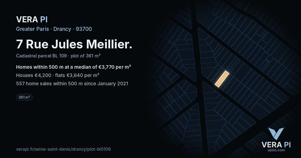 7 Rue Jules Meillier, Drancy at night – the plot lit, the parcels around coloured by the prices near them