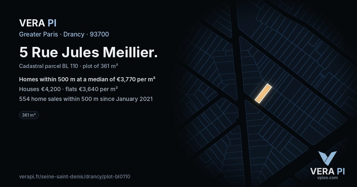 5 Rue Jules Meillier, Drancy at night – the plot lit, the parcels around coloured by the prices near them