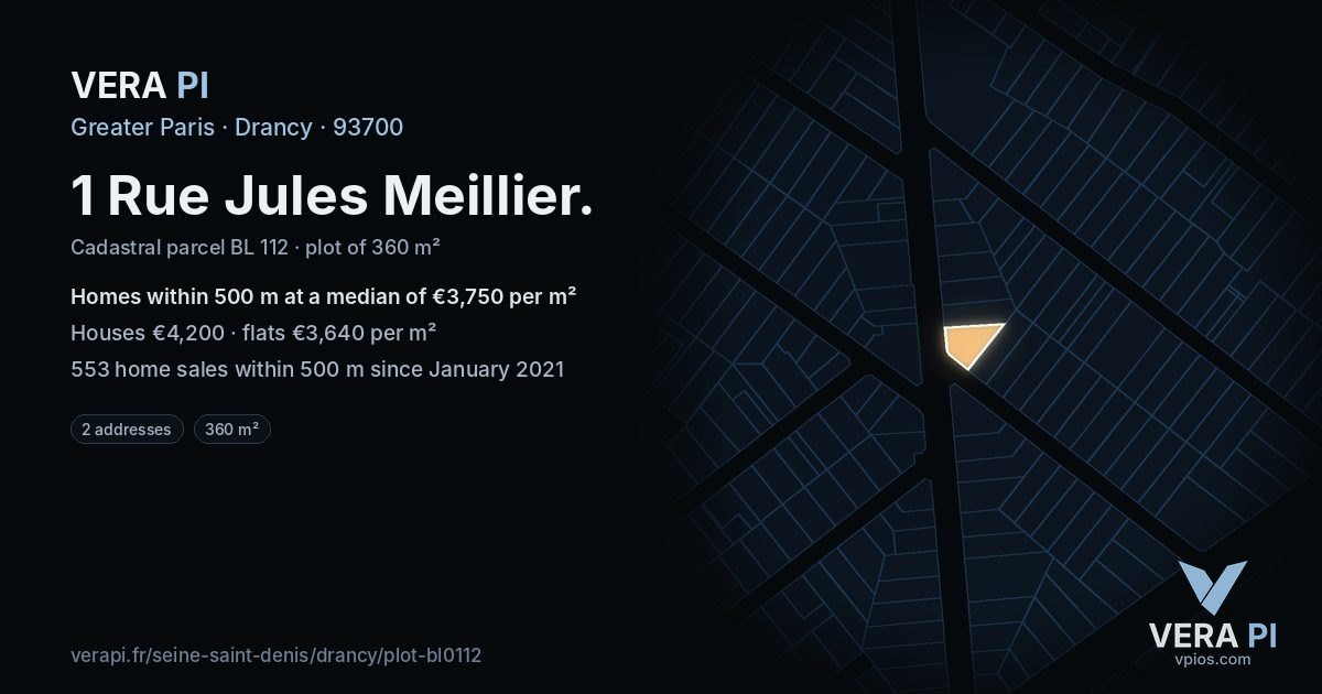 1 Rue Jules Meillier, Drancy at night – the plot lit, the parcels around coloured by the prices near them