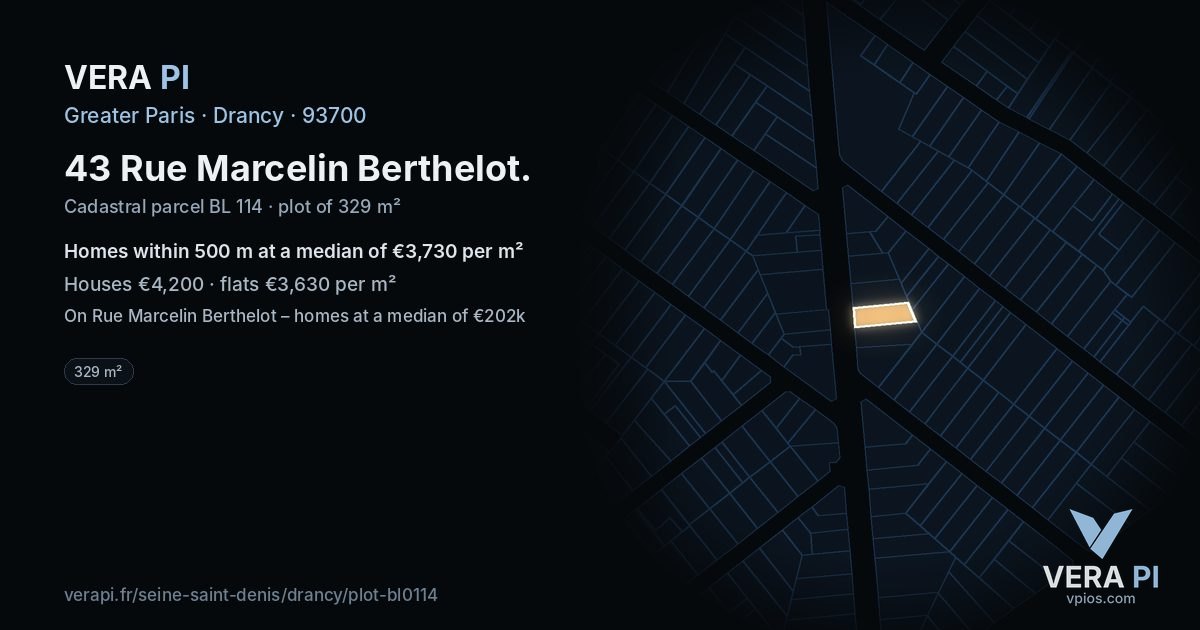 43 Rue Marcelin Berthelot, Drancy at night – the plot lit, the parcels around coloured by the prices near them