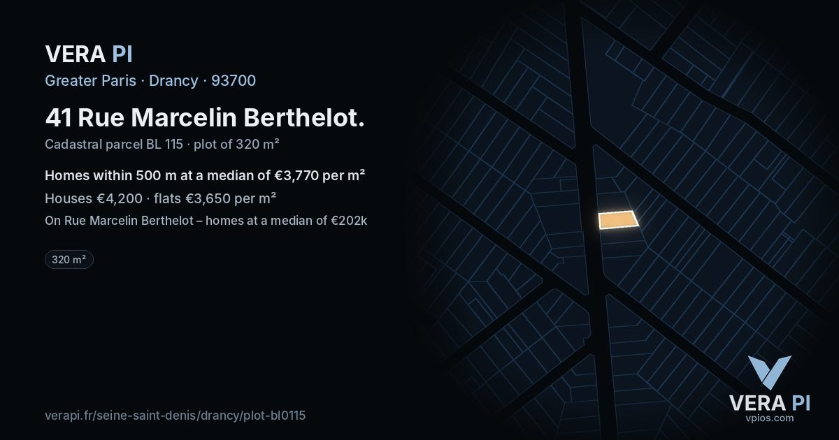 41 Rue Marcelin Berthelot, Drancy at night – the plot lit, the parcels around coloured by the prices near them