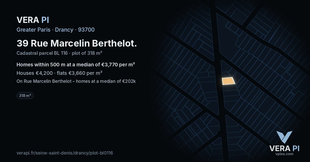 39 Rue Marcelin Berthelot, Drancy at night – the plot lit, the parcels around coloured by the prices near them