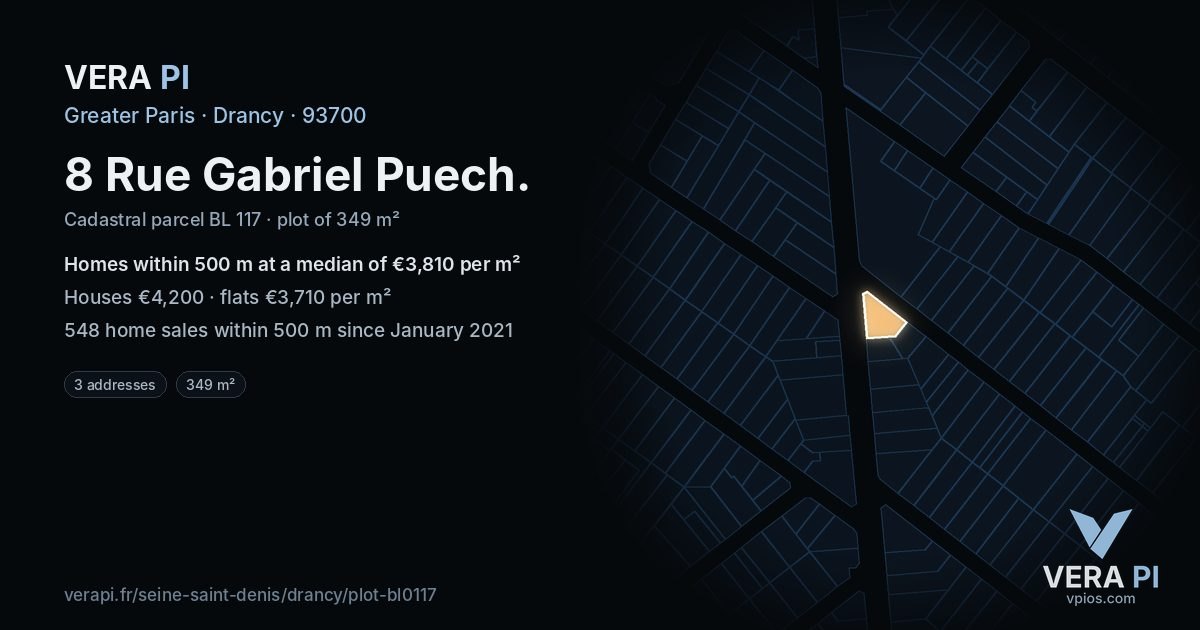 8 Rue Gabriel Puech, Drancy at night – the plot lit, the parcels around coloured by the prices near them