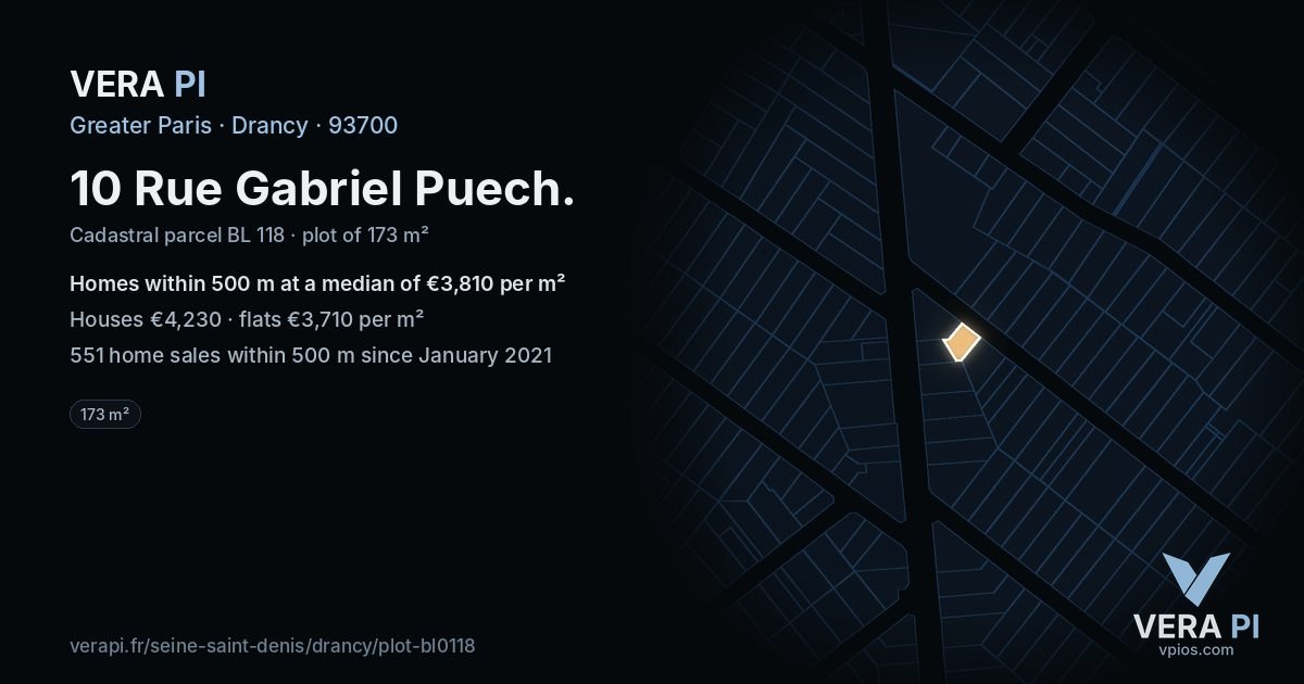 10 Rue Gabriel Puech, Drancy at night – the plot lit, the parcels around coloured by the prices near them