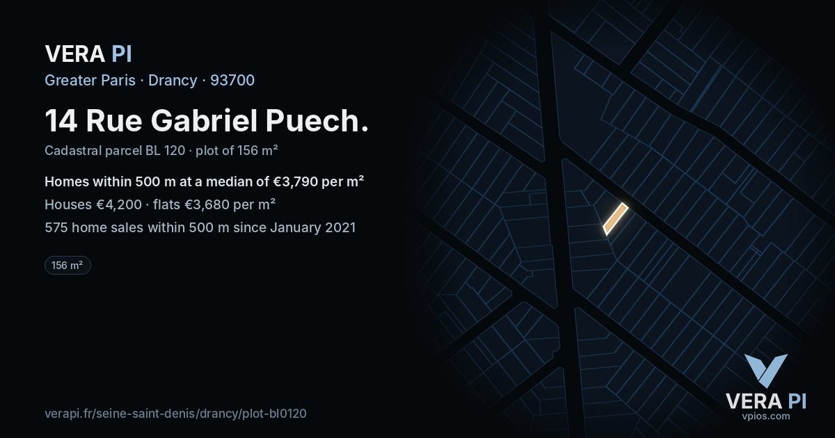 14 Rue Gabriel Puech, Drancy at night – the plot lit, the parcels around coloured by the prices near them