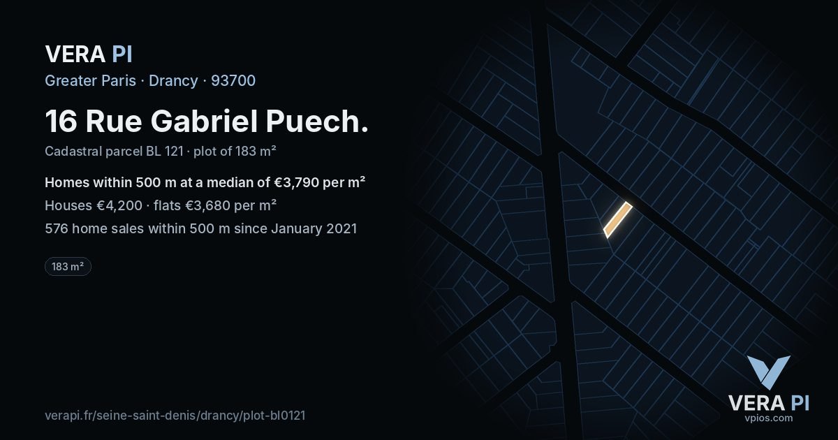 16 Rue Gabriel Puech, Drancy at night – the plot lit, the parcels around coloured by the prices near them