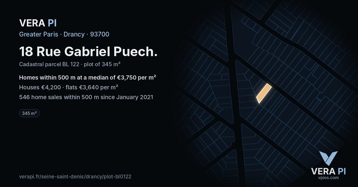 18 Rue Gabriel Puech, Drancy at night – the plot lit, the parcels around coloured by the prices near them