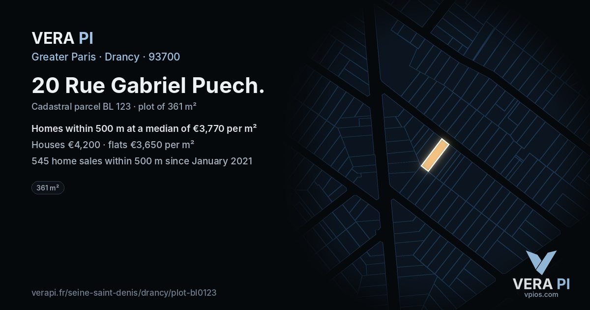20 Rue Gabriel Puech, Drancy at night – the plot lit, the parcels around coloured by the prices near them
