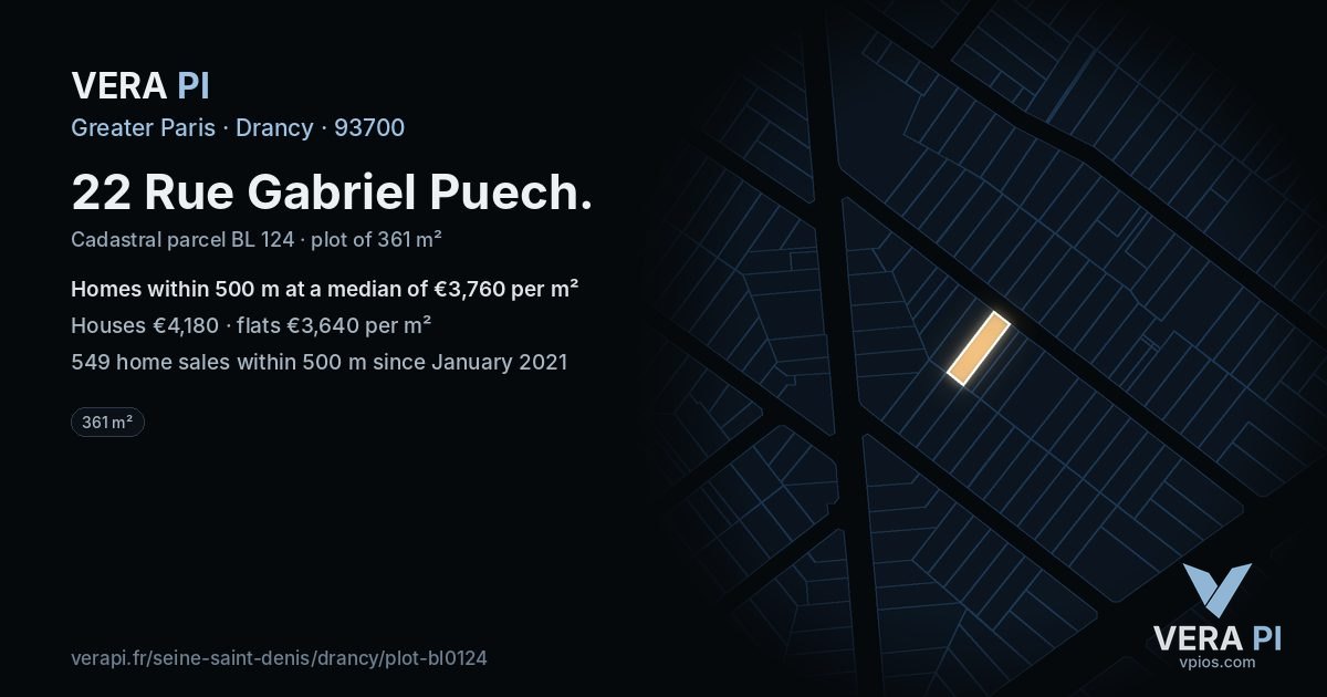 22 Rue Gabriel Puech, Drancy at night – the plot lit, the parcels around coloured by the prices near them