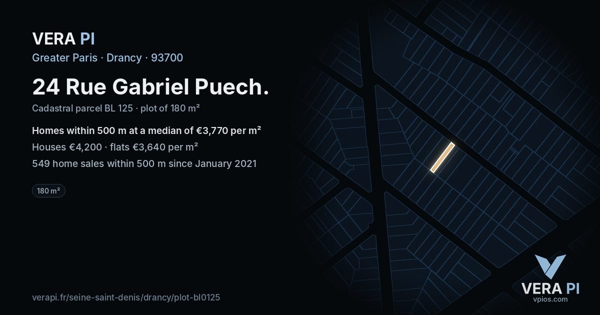 24 Rue Gabriel Puech, Drancy at night – the plot lit, the parcels around coloured by the prices near them