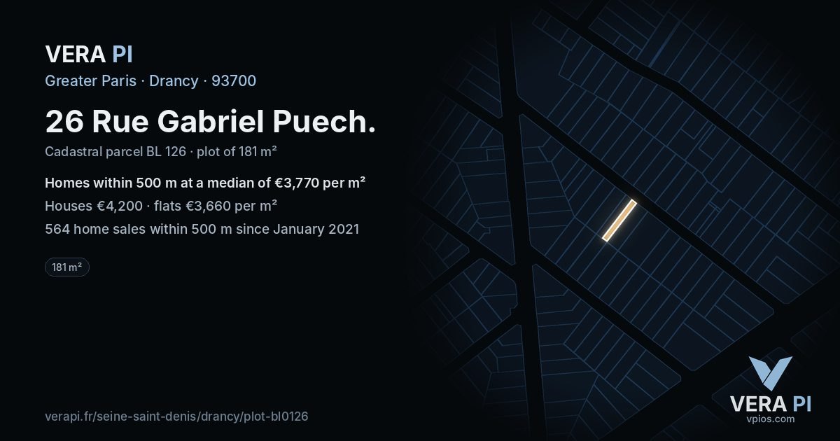 26 Rue Gabriel Puech, Drancy at night – the plot lit, the parcels around coloured by the prices near them