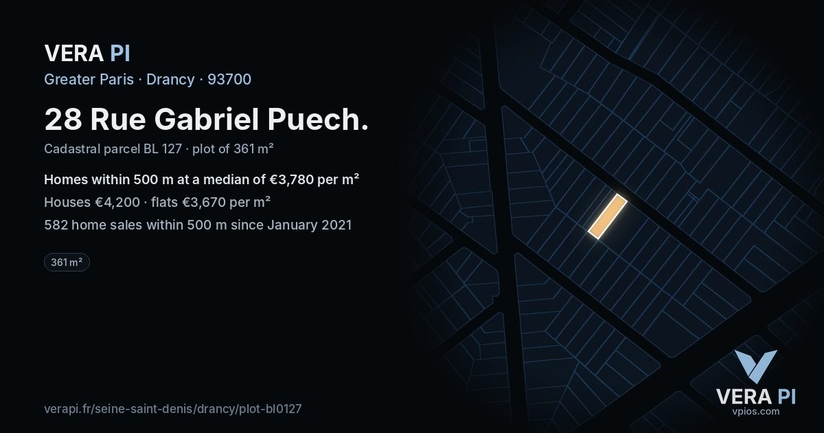 28 Rue Gabriel Puech, Drancy at night – the plot lit, the parcels around coloured by the prices near them