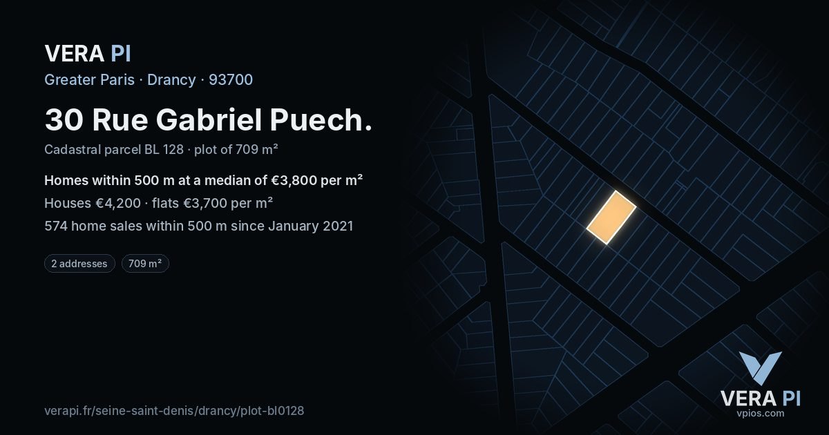 30 Rue Gabriel Puech, Drancy at night – the plot lit, the parcels around coloured by the prices near them