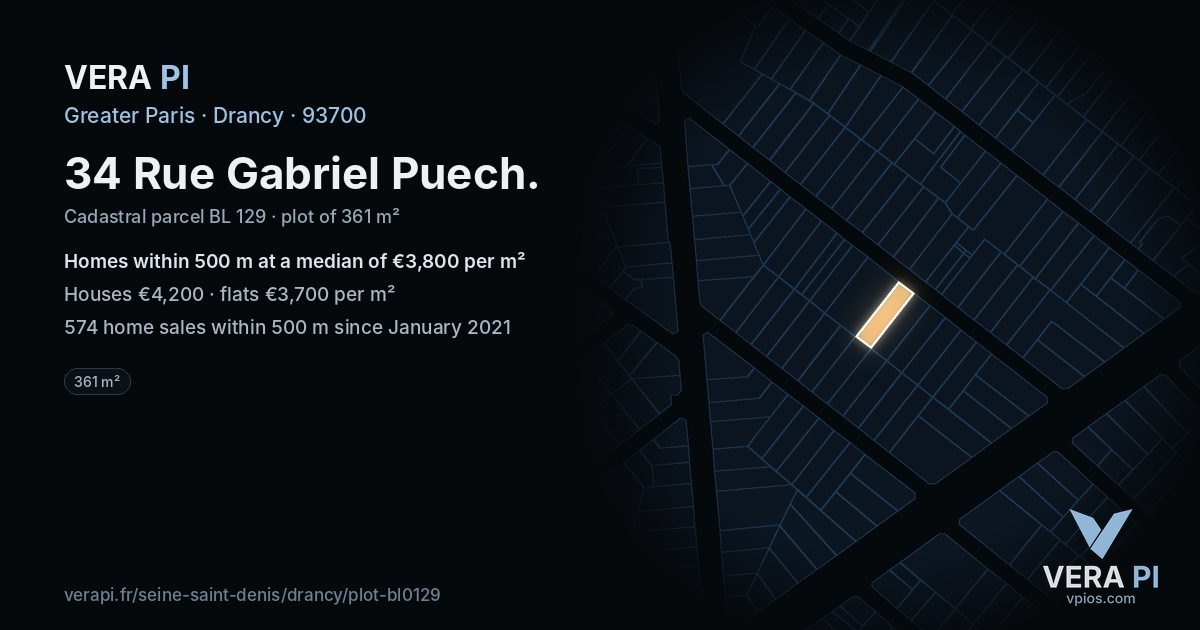 34 Rue Gabriel Puech, Drancy at night – the plot lit, the parcels around coloured by the prices near them
