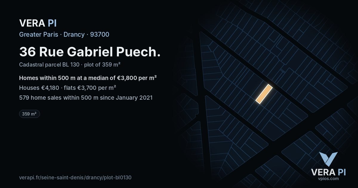 36 Rue Gabriel Puech, Drancy at night – the plot lit, the parcels around coloured by the prices near them
