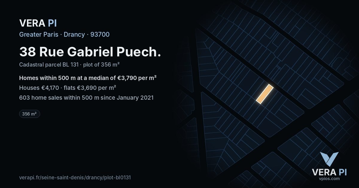 38 Rue Gabriel Puech, Drancy at night – the plot lit, the parcels around coloured by the prices near them