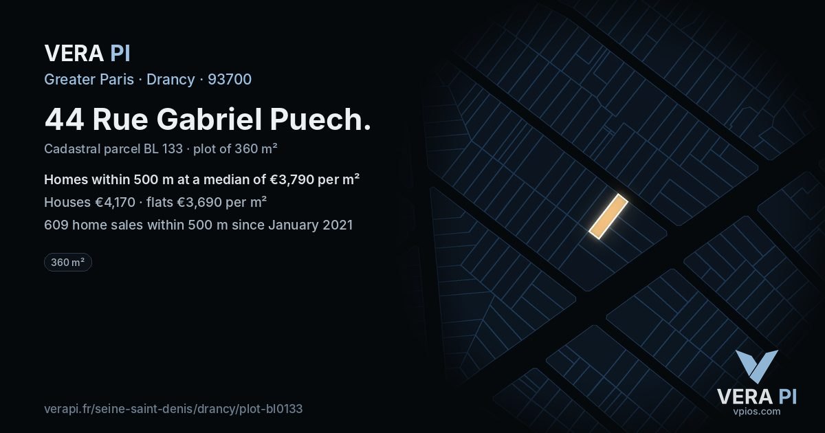 44 Rue Gabriel Puech, Drancy at night – the plot lit, the parcels around coloured by the prices near them