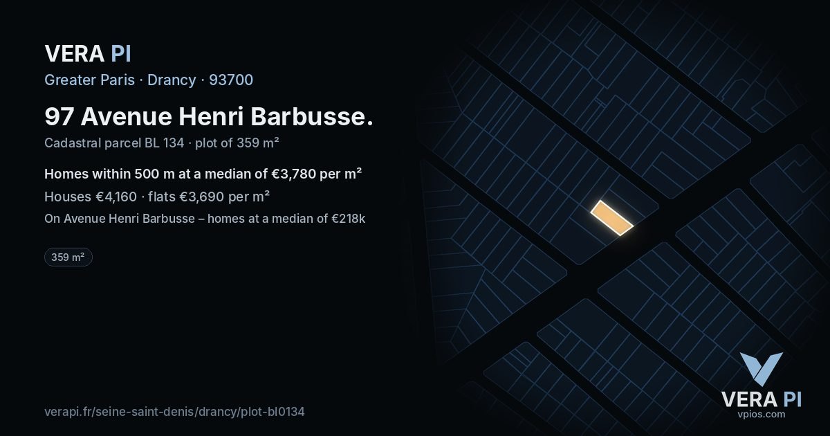 97 Avenue Henri Barbusse, Drancy at night – the plot lit, the parcels around coloured by the prices near them