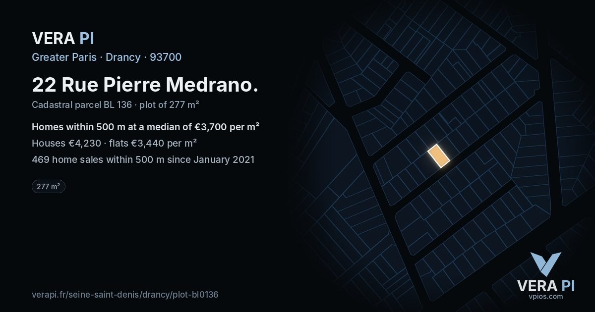 22 Rue Pierre Medrano, Drancy at night – the plot lit, the parcels around coloured by the prices near them