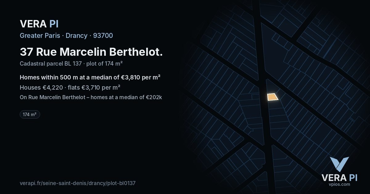 37 Rue Marcelin Berthelot, Drancy at night – the plot lit, the parcels around coloured by the prices near them