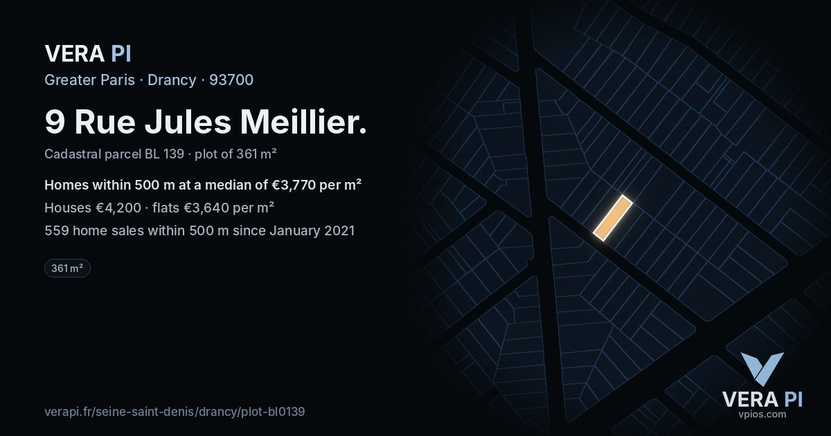 9 Rue Jules Meillier, Drancy at night – the plot lit, the parcels around coloured by the prices near them