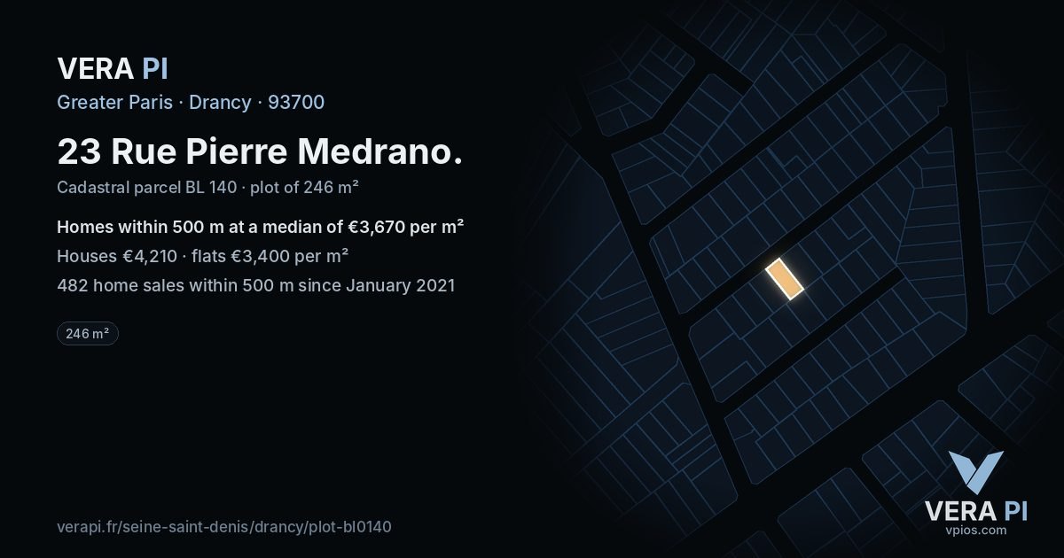 23 Rue Pierre Medrano, Drancy at night – the plot lit, the parcels around coloured by the prices near them