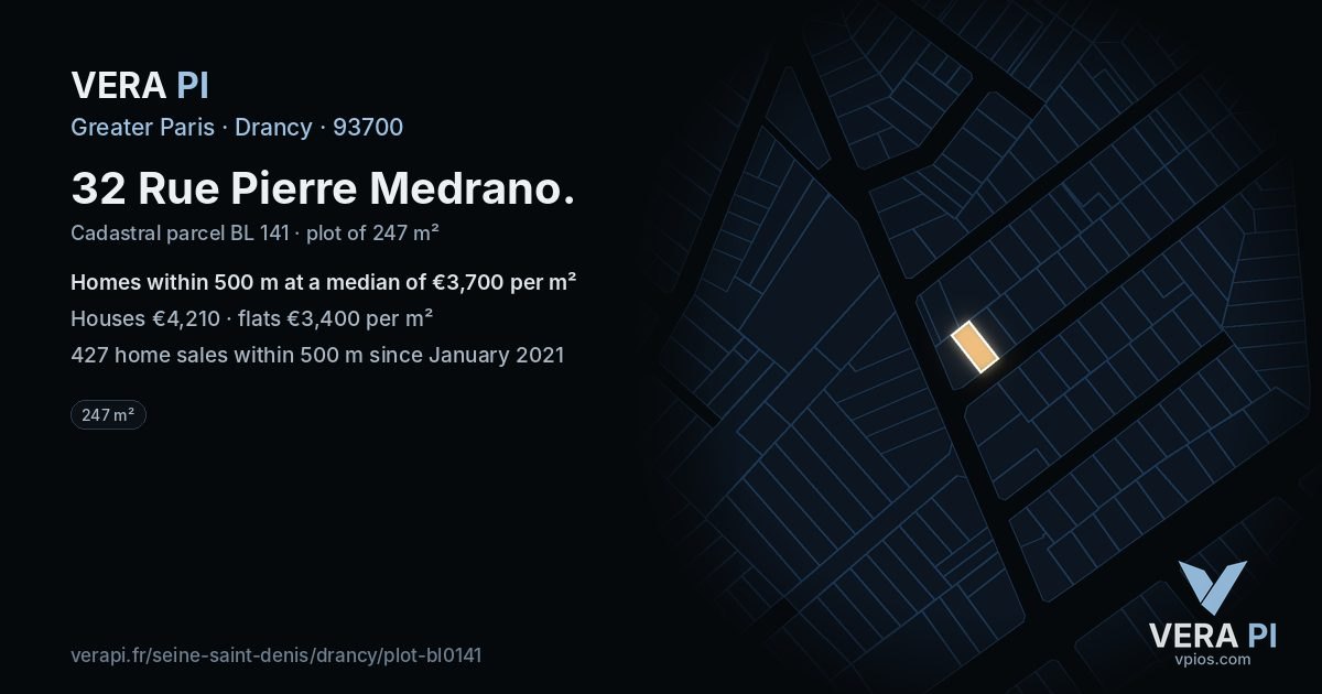 32 Rue Pierre Medrano, Drancy at night – the plot lit, the parcels around coloured by the prices near them