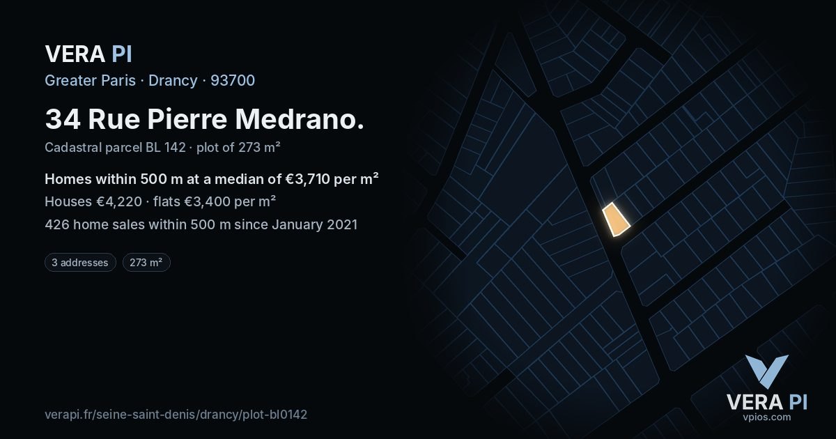 34 Rue Pierre Medrano, Drancy at night – the plot lit, the parcels around coloured by the prices near them