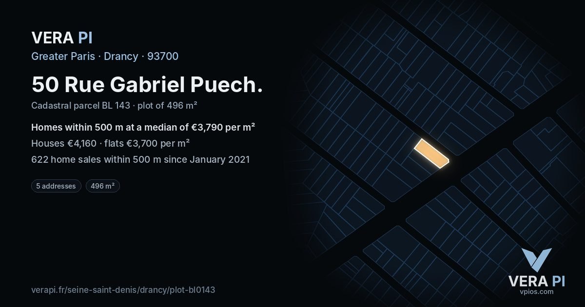 50 Rue Gabriel Puech, Drancy at night – the plot lit, the parcels around coloured by the prices near them