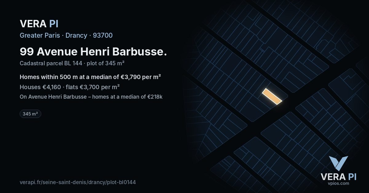 99 Avenue Henri Barbusse, Drancy at night – the plot lit, the parcels around coloured by the prices near them